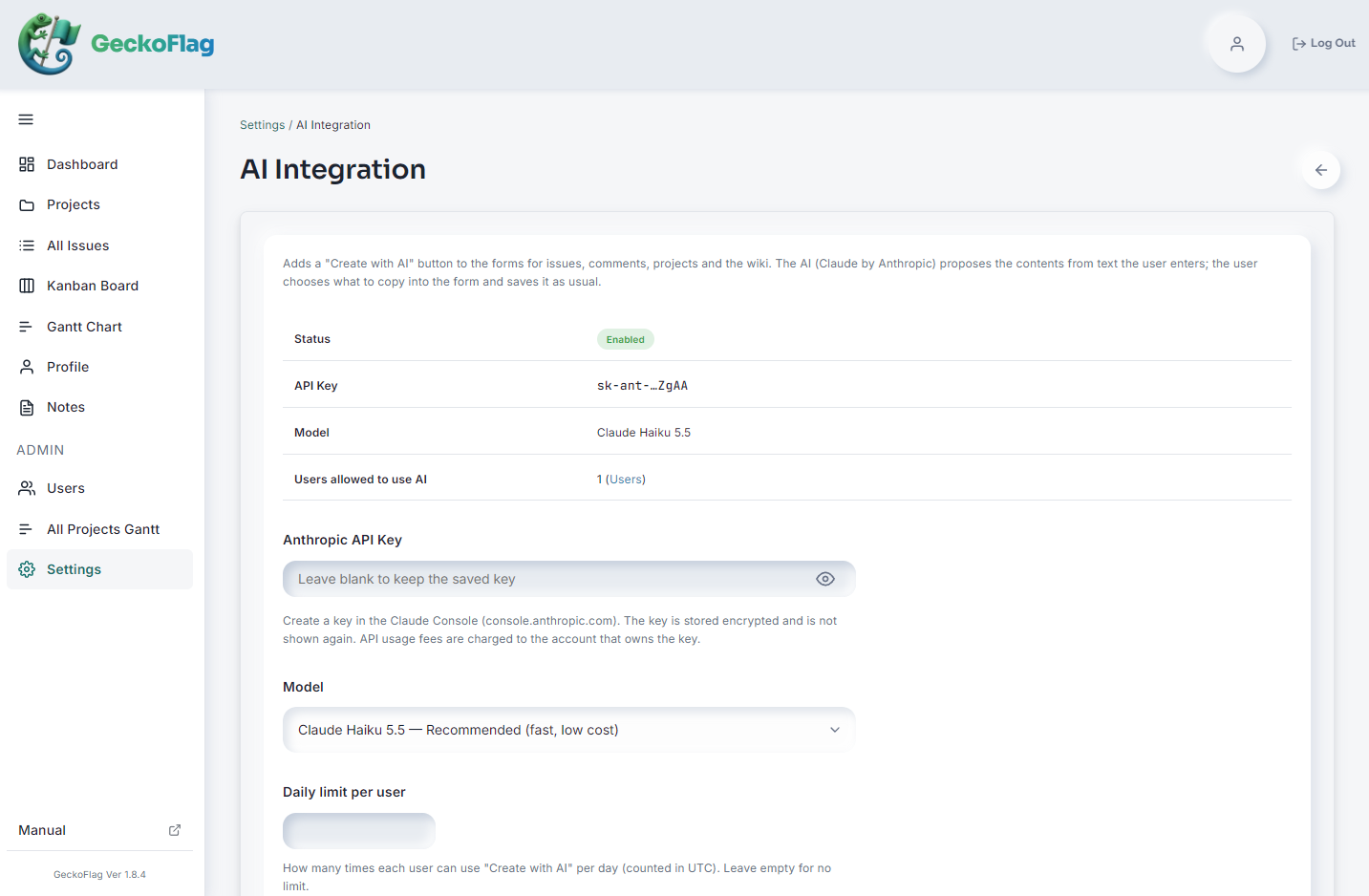 AI Integration settings screen showing the status (Enabled), the masked API key, the model (Claude Haiku 5.5), the number of users allowed to use AI, and the fields for the API key, model and daily limit per user