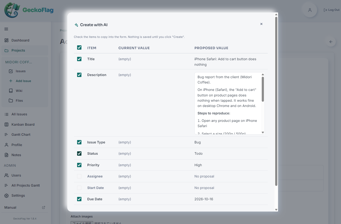 List of suggestions shown by “Create with AI” on the Add Issue screen. The proposed title, description, issue type, status, priority and due date are ticked, and the assignee and start date, for which the text had no information, show “No proposal”