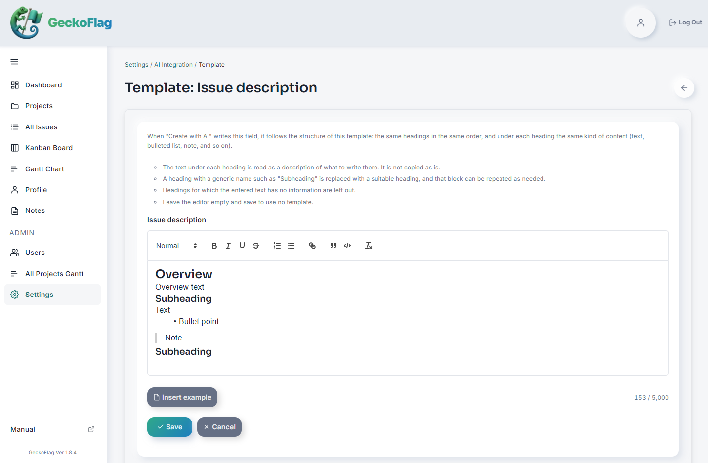 Edit screen of the “Issue description” output template, with the example from “Insert example”: Overview, Subheading, text, a bullet point and a note
