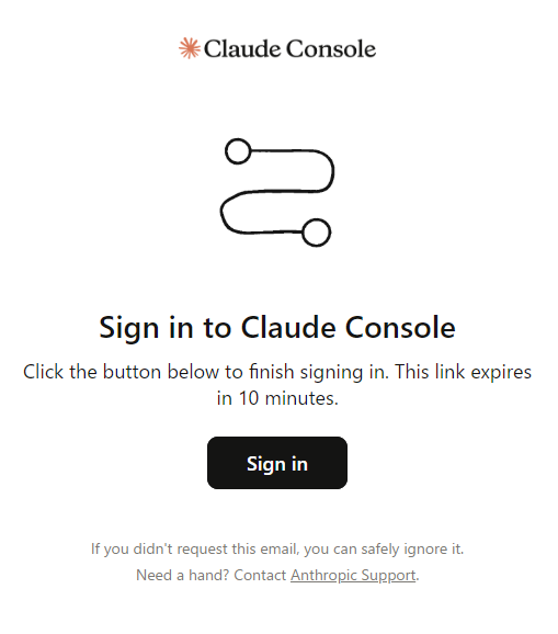 Sign-in email from the Claude Console with a “Sign in” button, stating that the link expires in 10 minutes