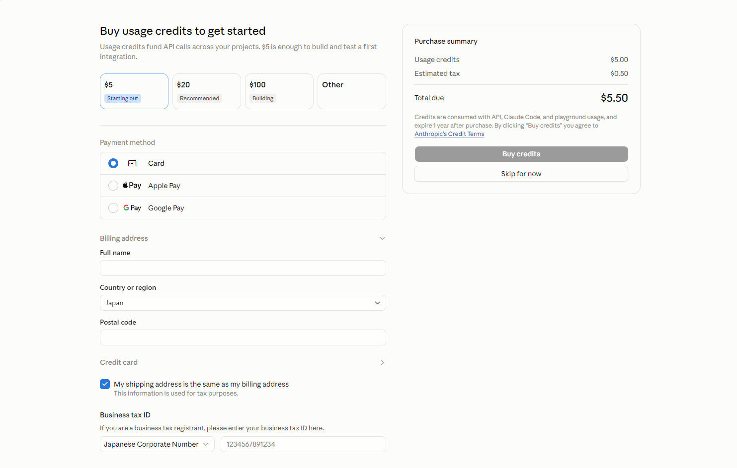 Claude Console credit purchase screen with amount options, payment methods and billing address fields, and a summary of credits, tax and total on the right