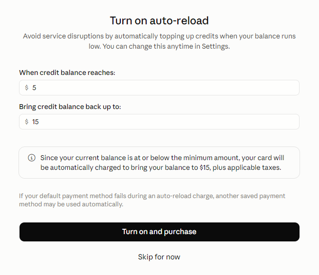 Auto-reload settings screen with fields for the balance that triggers a top-up and the balance to top up to, and the “Turn on and purchase” and “Skip for now” buttons