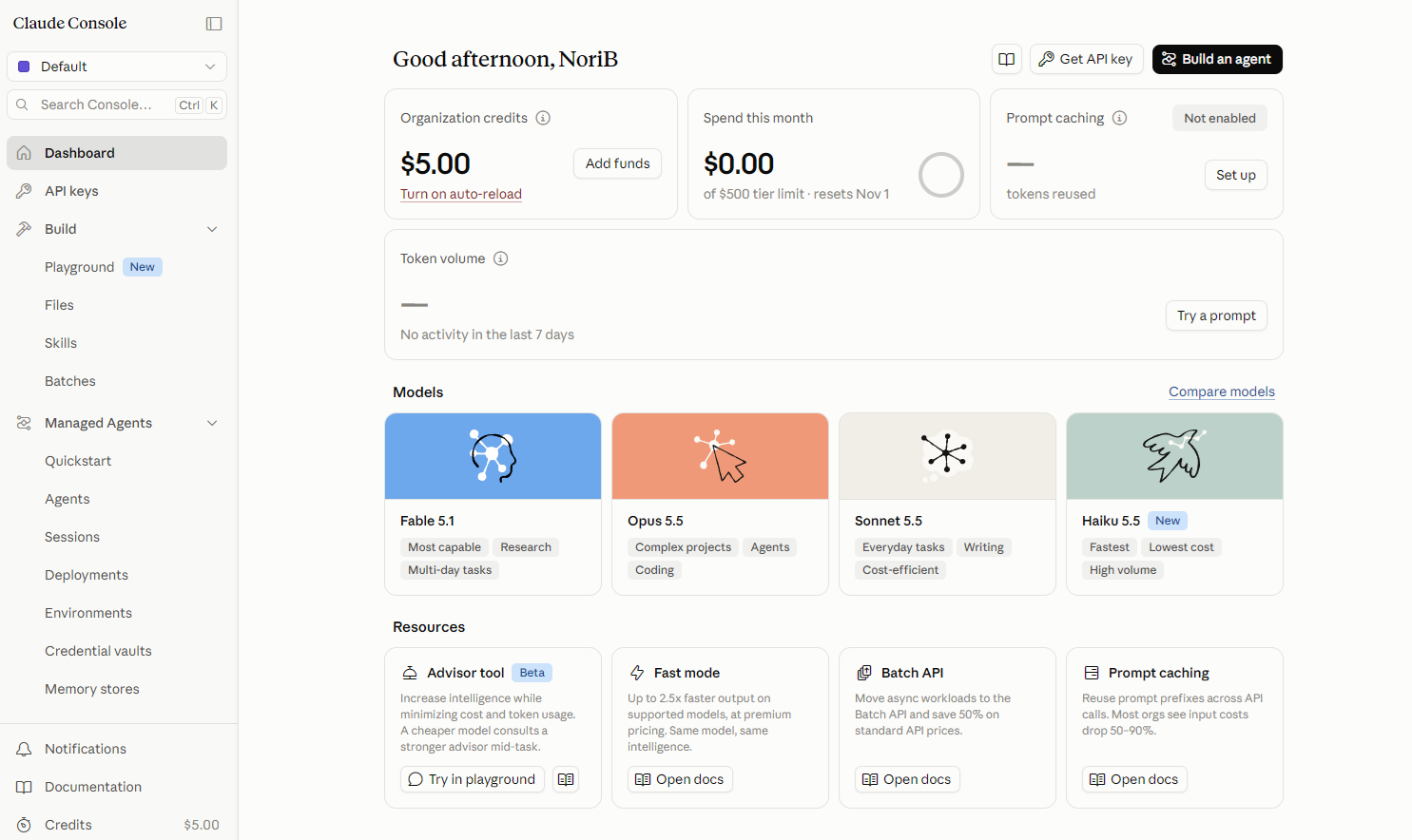Claude Console dashboard showing the balance under Organization credits and a “Get API key” button at the top right
