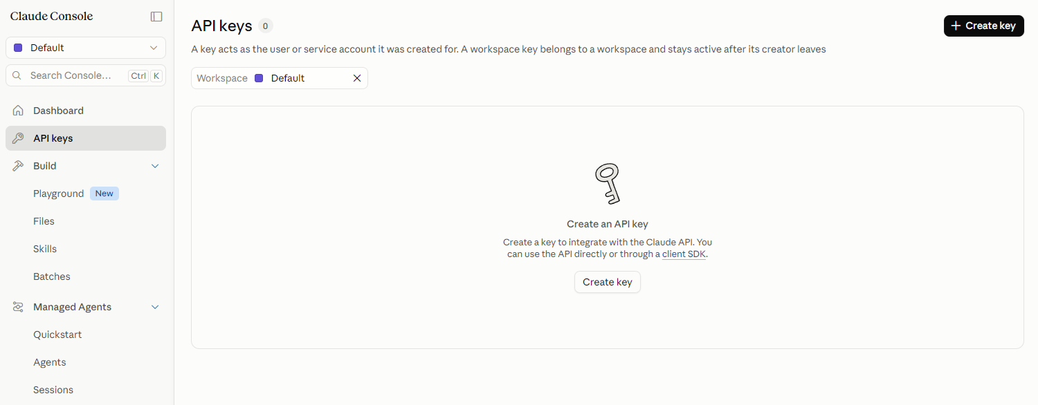 Claude Console API keys screen with no keys yet and a “Create key” button