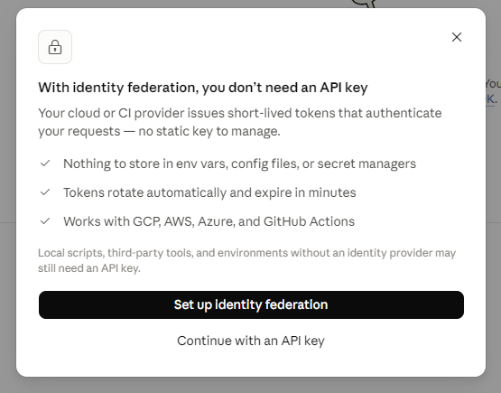 Identity federation screen with a “Continue with an API key” link at the bottom