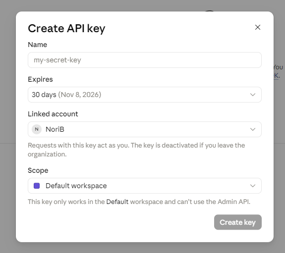 “Create API key” screen with the Name, Expires, Linked account and Scope fields and a “Create key” button
