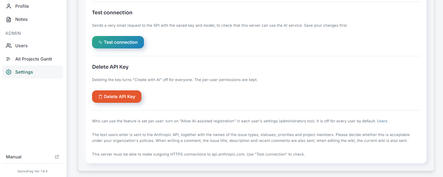 Bottom of the AI Integration settings screen with the “Test connection” and “Delete API Key” buttons and notes on the information that is sent