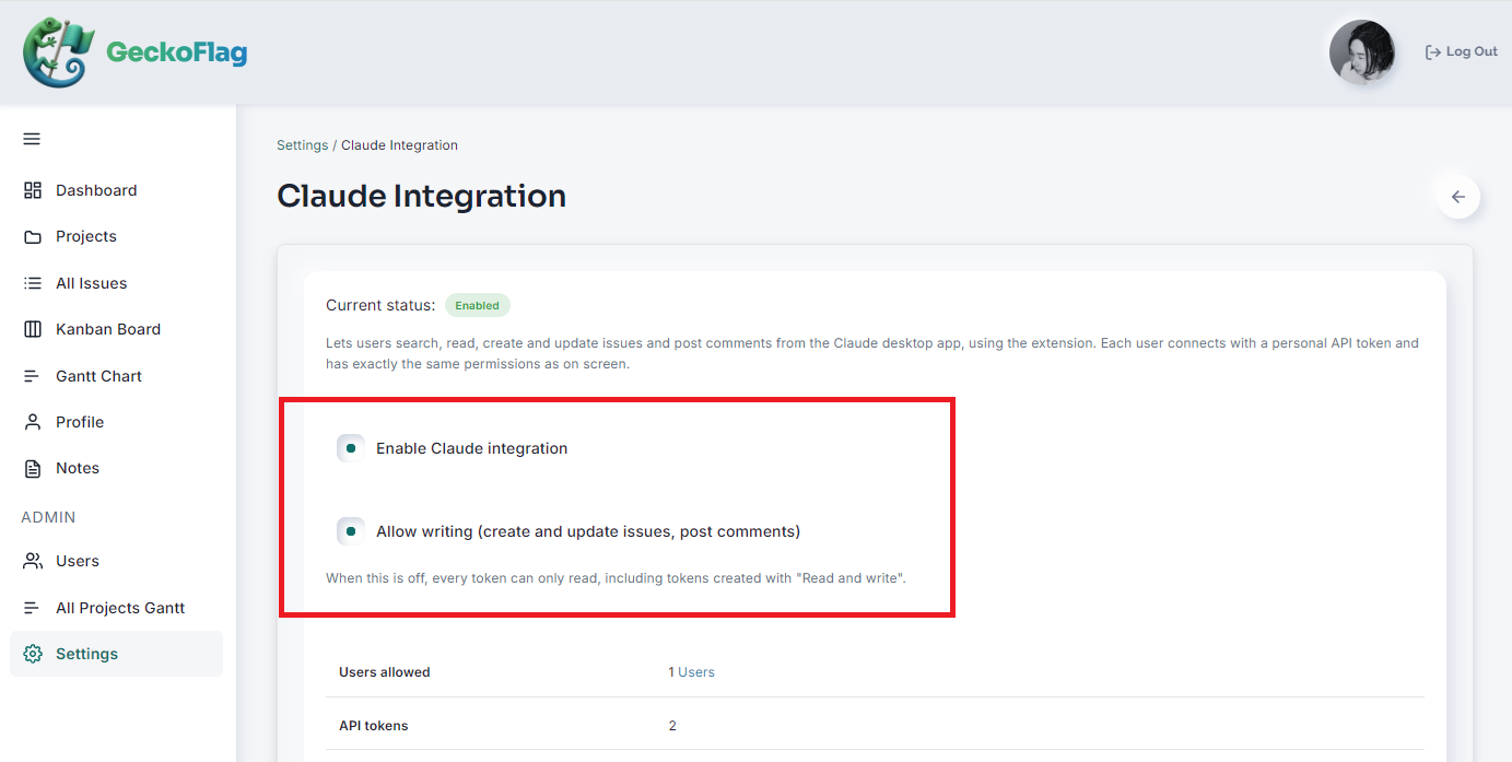 GeckoFlag Claude Integration settings screen with the “Enabled” status and the two checkboxes “Enable Claude integration” and “Allow writing (create and update issues, post comments)” outlined in red