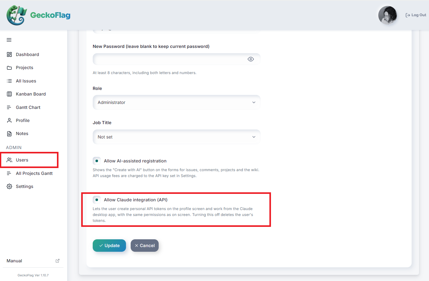 GeckoFlag Edit User screen with “Users” in the left menu and the “Allow Claude integration (API)” checkbox outlined in red