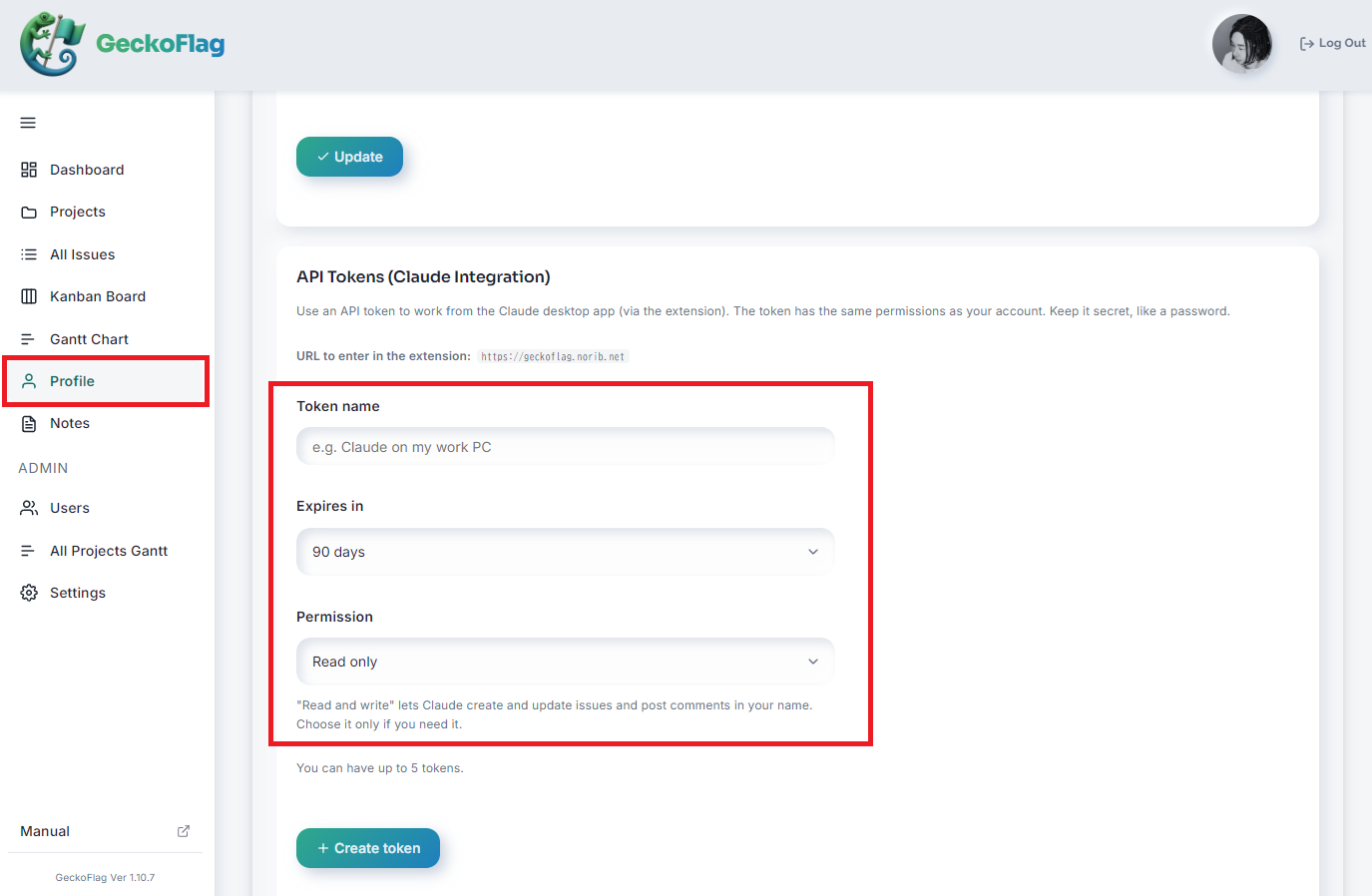 “API Tokens (Claude Integration)” section on the GeckoFlag profile screen, with “Profile” in the left menu and the Token name, Expires in and Permission fields outlined in red