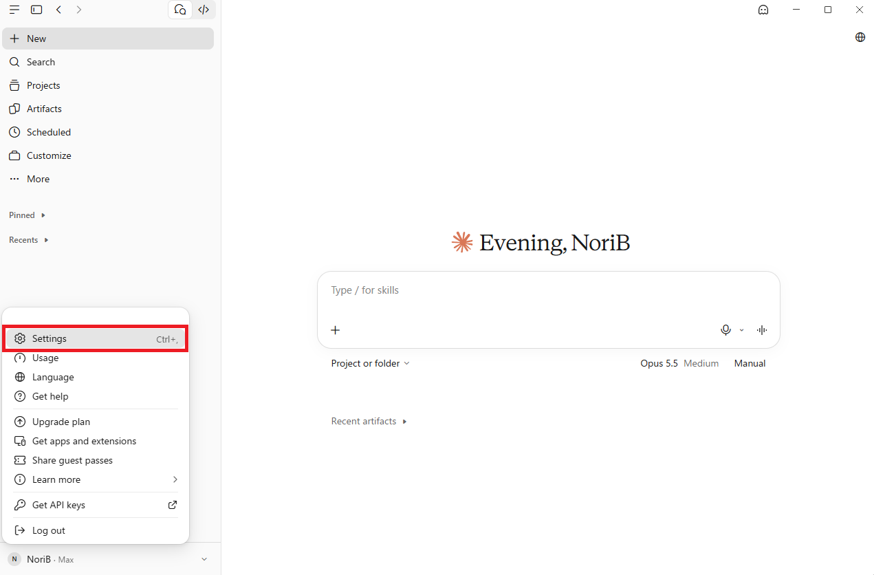 Claude desktop app home screen with the account menu open at the bottom left and “Settings” outlined in red