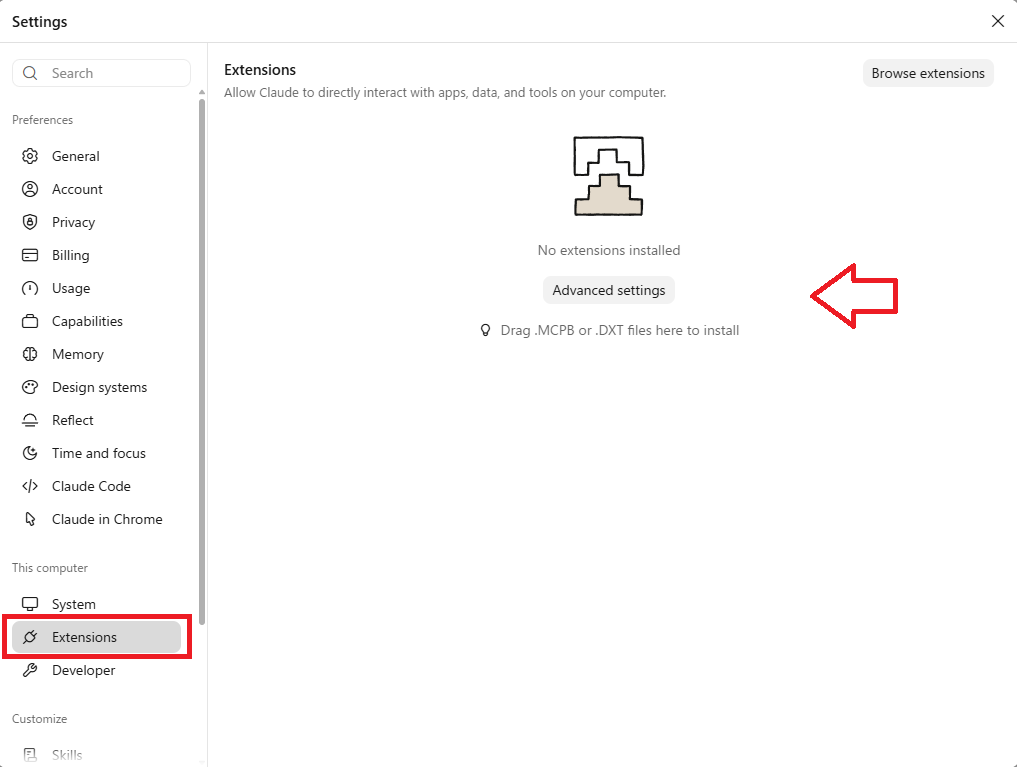 “Extensions” in Claude’s settings, with no extensions yet, an “Advanced settings” button and the message “Drag .MCPB or .DXT files here to install”