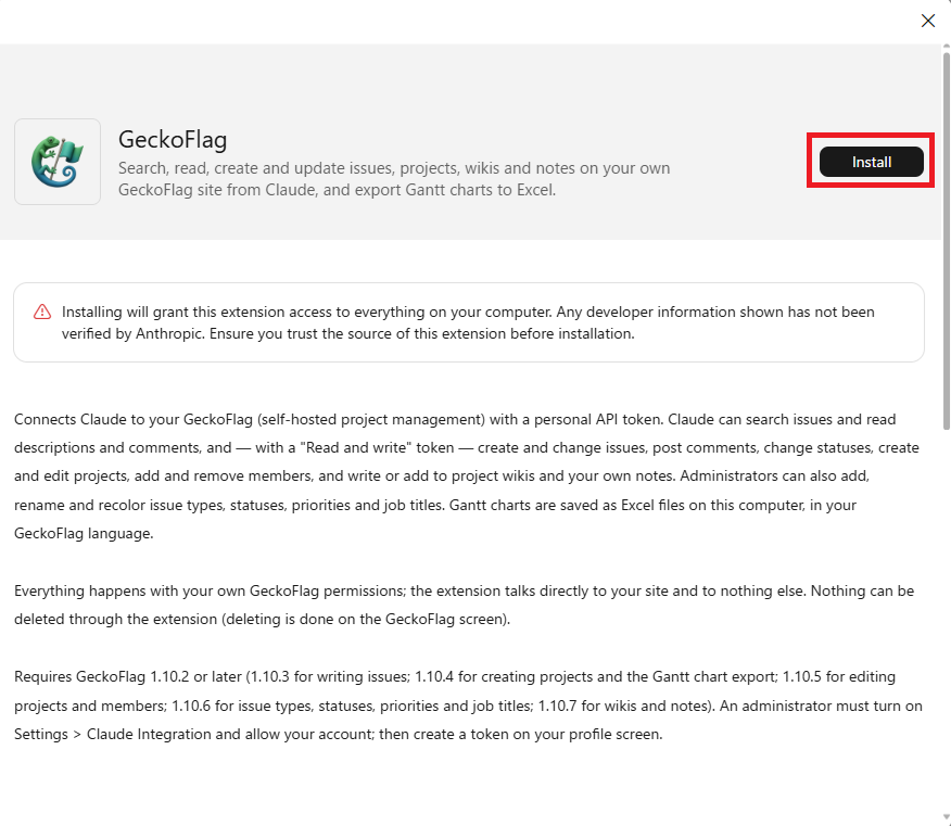 GeckoFlag extension install screen showing the extension’s description and warnings, with the “Install” button at the top right outlined in red