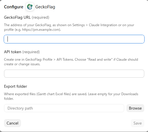 GeckoFlag extension settings screen with the GeckoFlag URL (required), API token (required) and Export folder fields, and the “Cancel” and “Save” buttons