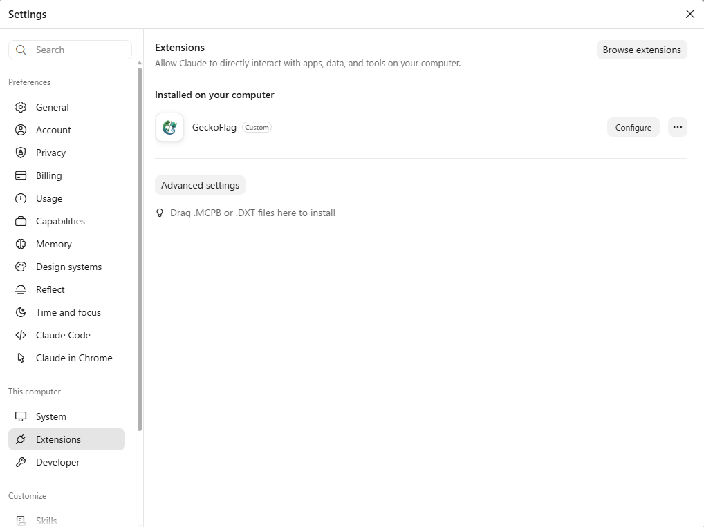 “Extensions” in Claude’s settings, with “GeckoFlag” shown under “Installed on your computer” and a “Configure” button
