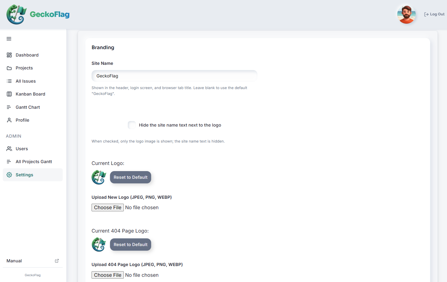 Branding settings screen showing the site name field and the current logo with options to replace it