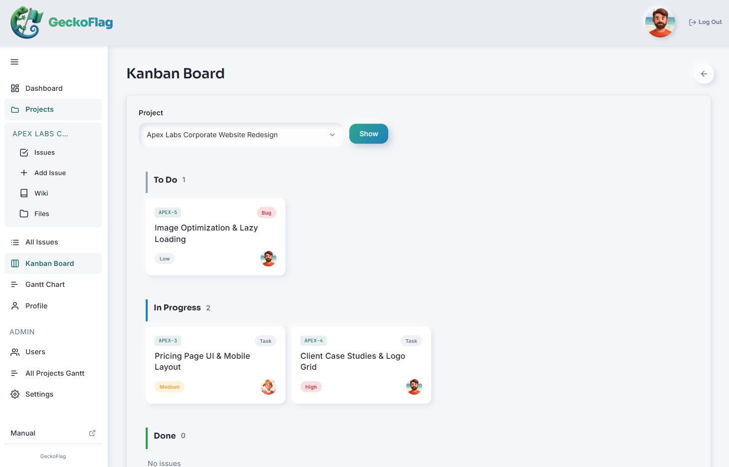 GeckoFlag’s Kanban board, with issues arranged under three statuses: To Do, In Progress and Done