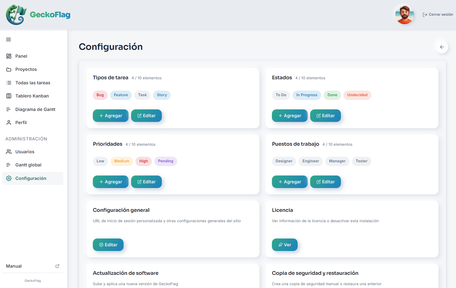 GeckoFlag admin settings screen displayed in Spanish, showing the interface fully translated