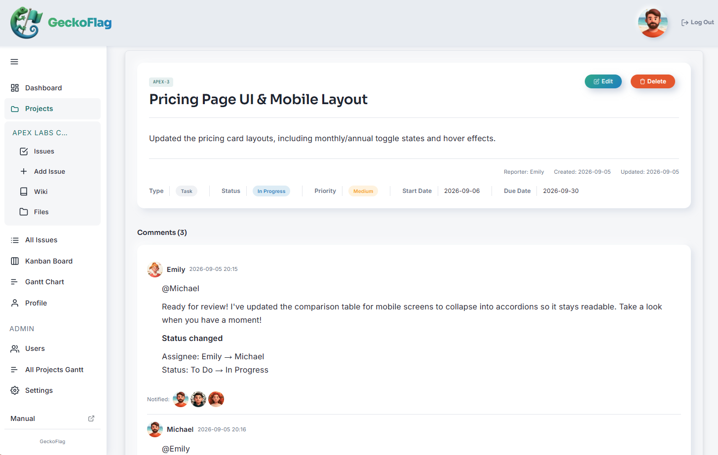 An issue screen in GeckoFlag. Type, status, priority, start date and due date run across the top, and a comment below shows an assignee change (Emily → Michael) along with the avatars of the members who were notified