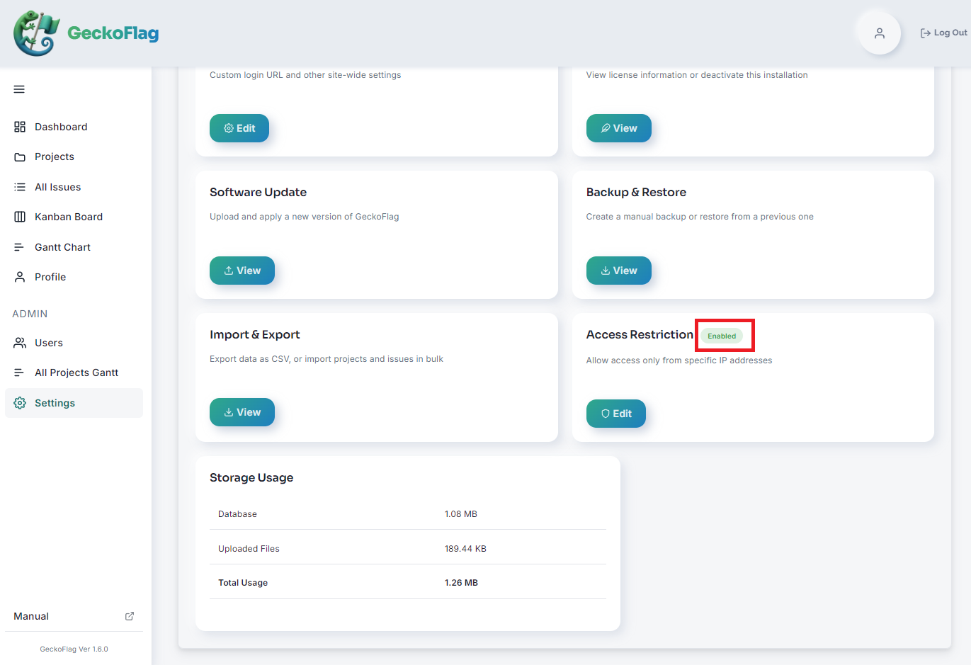 Settings page with the Access Restriction card showing Enabled