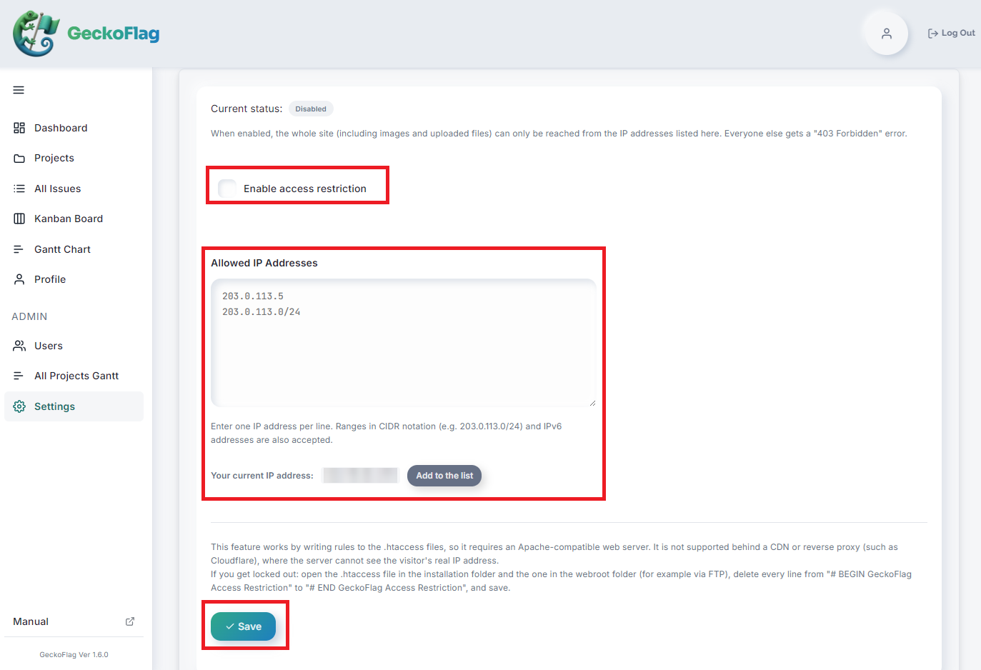 Access restriction edit screen with the enable checkbox, the allowed IP addresses field, the Add to the list button and the Save button highlighted