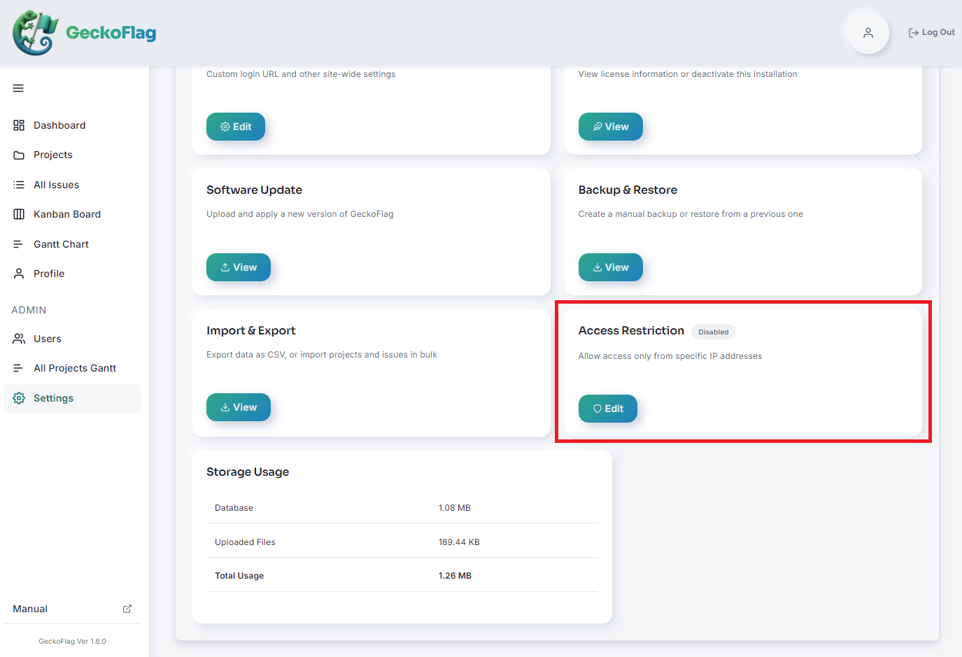 Settings page with the Access Restriction card highlighted