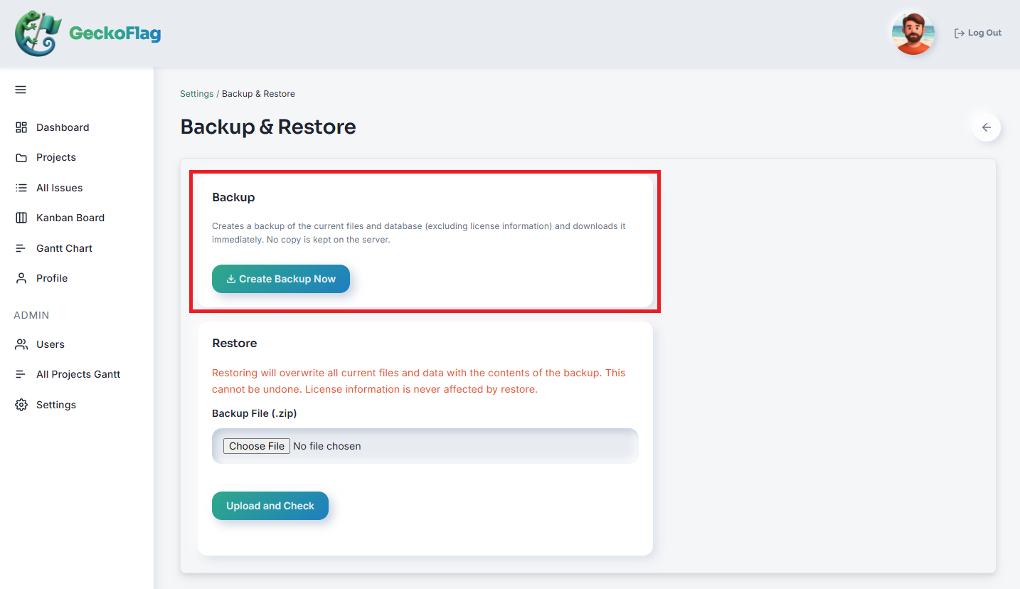 Pagina Backup & Restore con la sezione Backup evidenziata