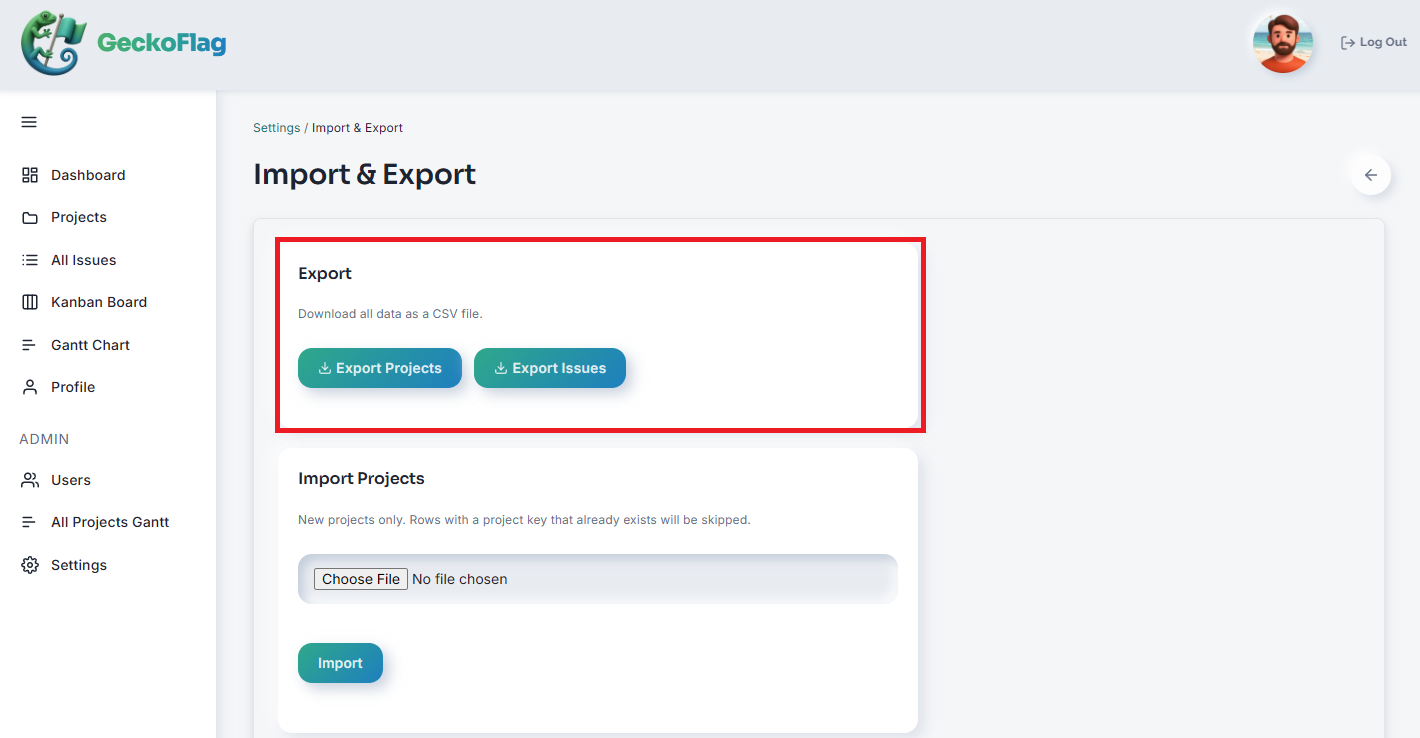 The GeckoFlag Import & Export screen, with the “Export Projects” and “Export Issues” buttons side by side
