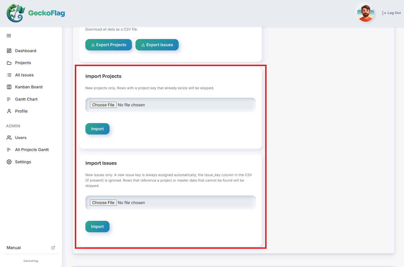 Import & Export page with the Import Projects and Import Issues sections highlighted