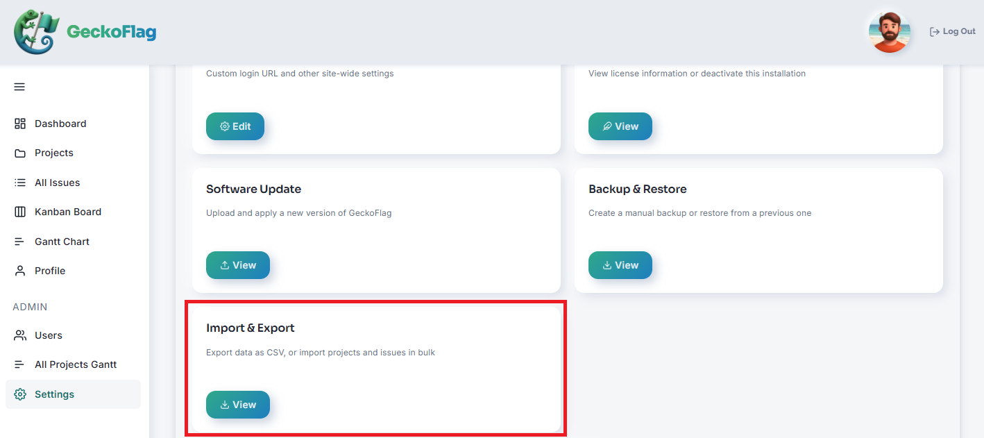 Settings page with the Import & Export card highlighted