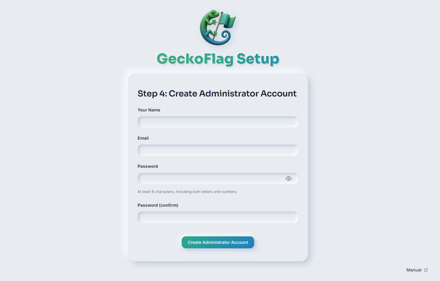 GeckoFlag Setup Step 4: Create Administrator Account, with fields for name, email, and password