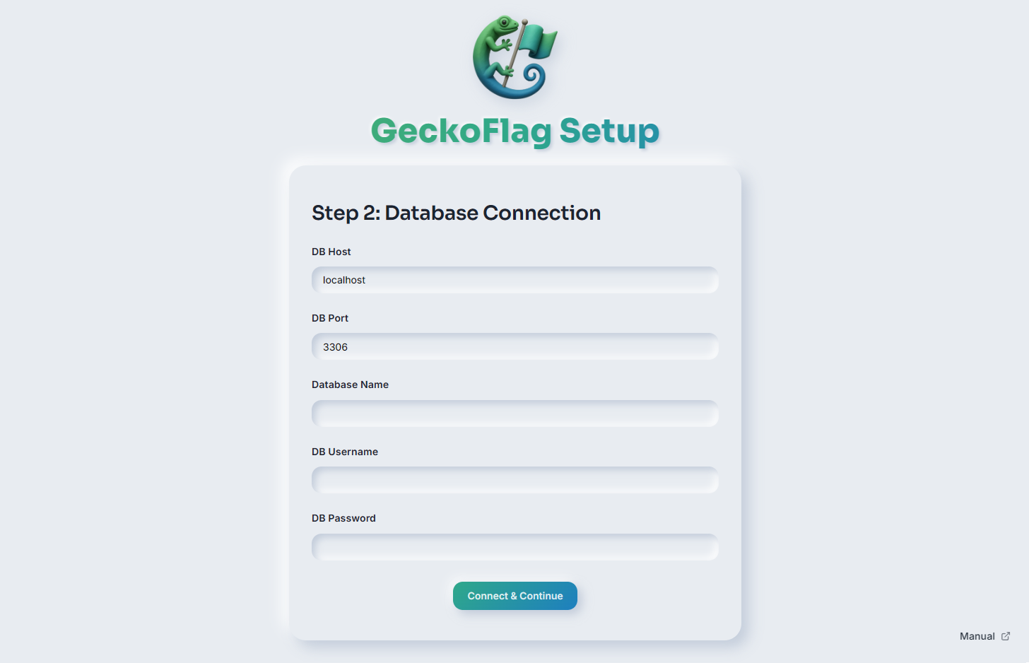 GeckoFlag Setup Step 2: Database Connection, with fields for DB host, port, name, username, and password