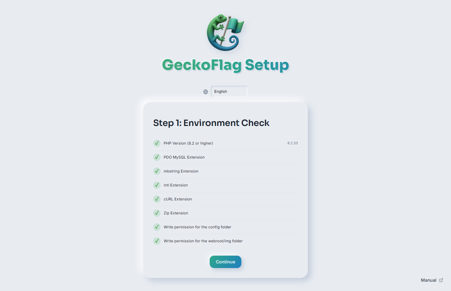 GeckoFlag Setup Step 1: Environment Check, showing PHP version, required extensions, and folder permissions all passing