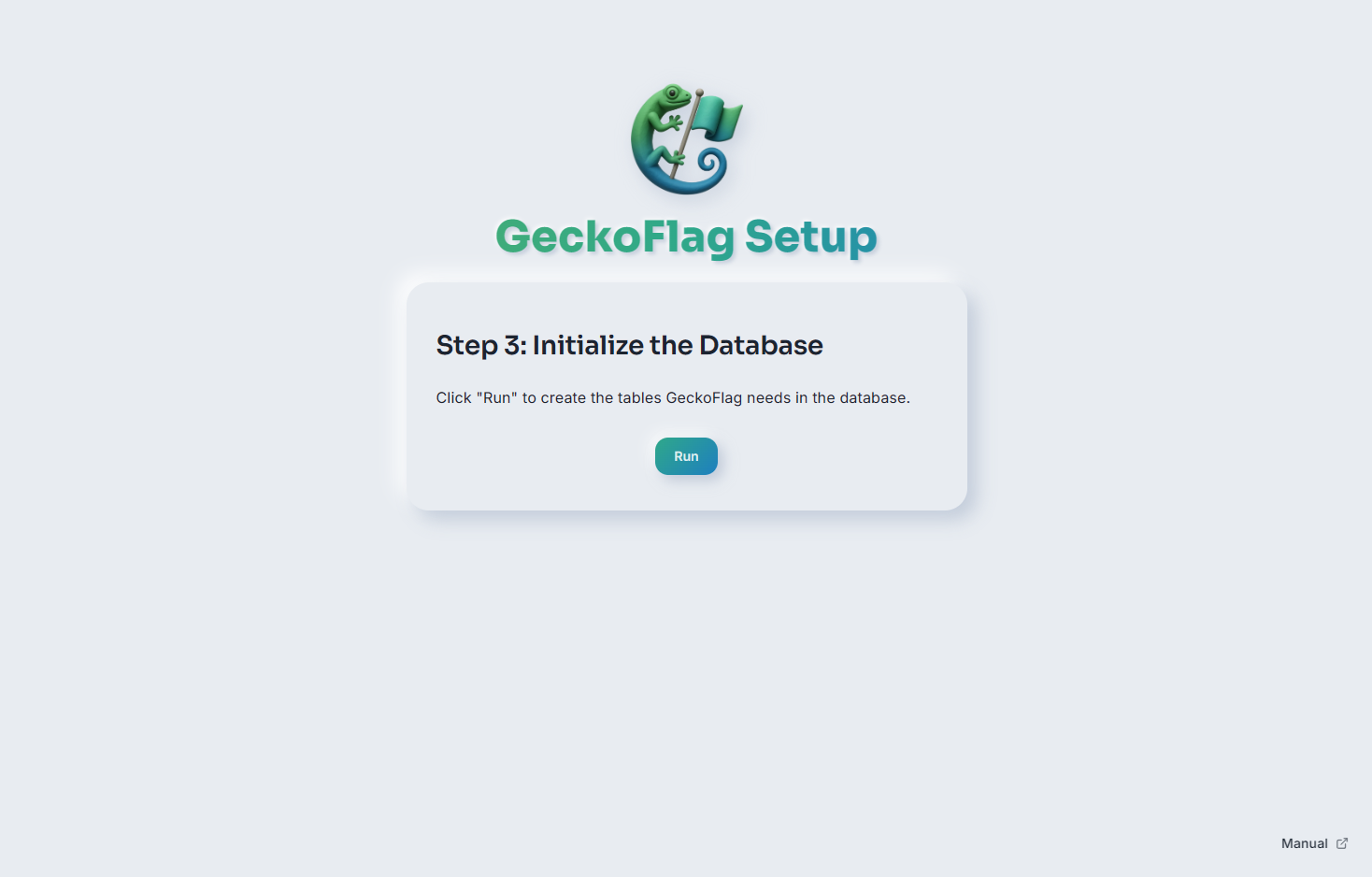 GeckoFlag Setup Step 3: Initialize the Database, with a Run button
