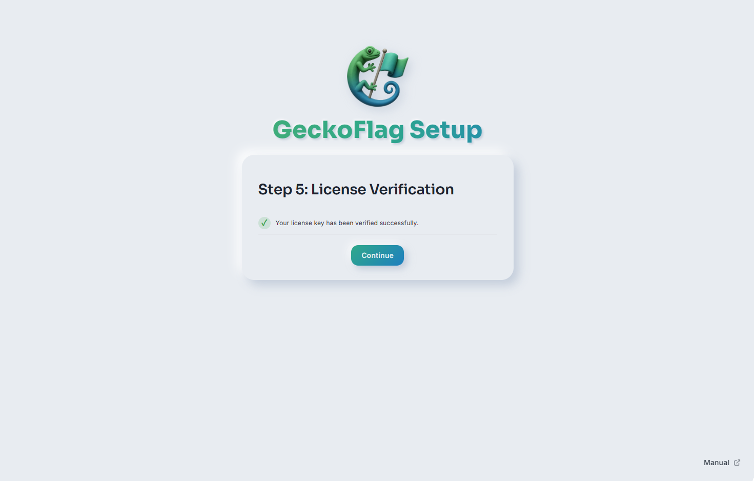 GeckoFlag Setup Step 5: License Verification, confirming the license key was verified successfully