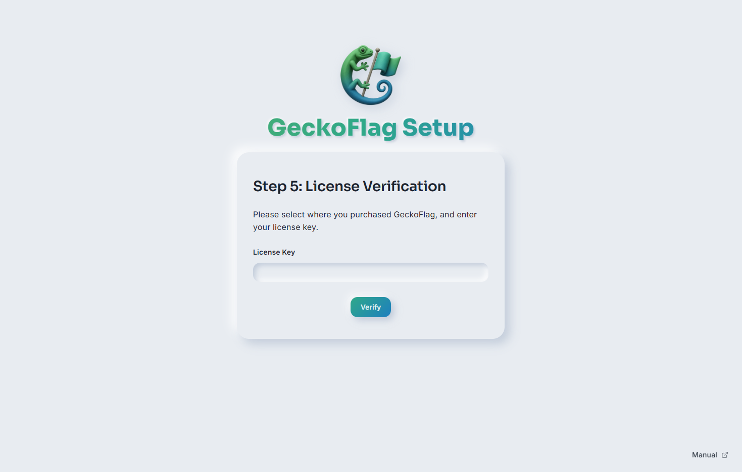 GeckoFlag Setup Step 5: License Verification, with a license key field