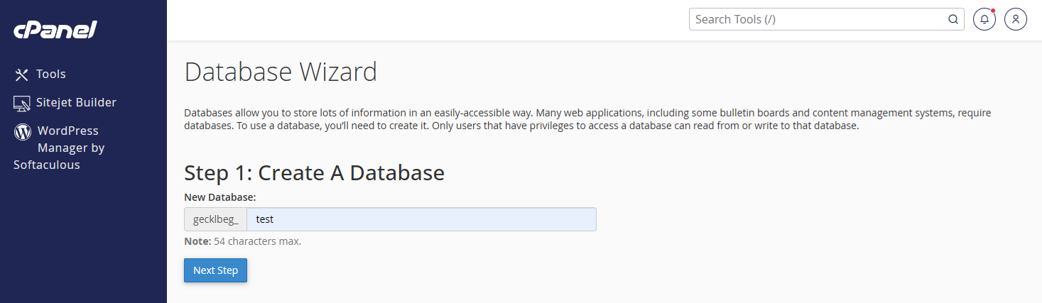 Database Wizard Step 1: Create A Database, with a database name field
