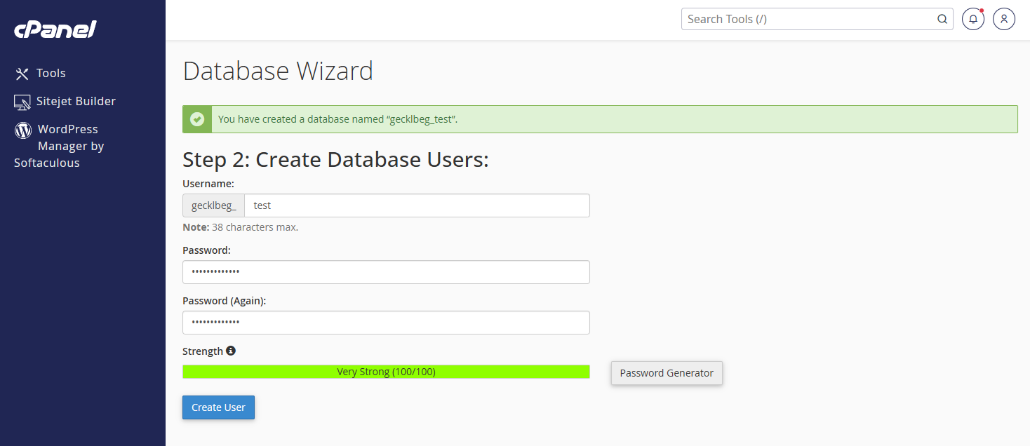 Database Wizard Step 2: Create Database Users, with username and password fields