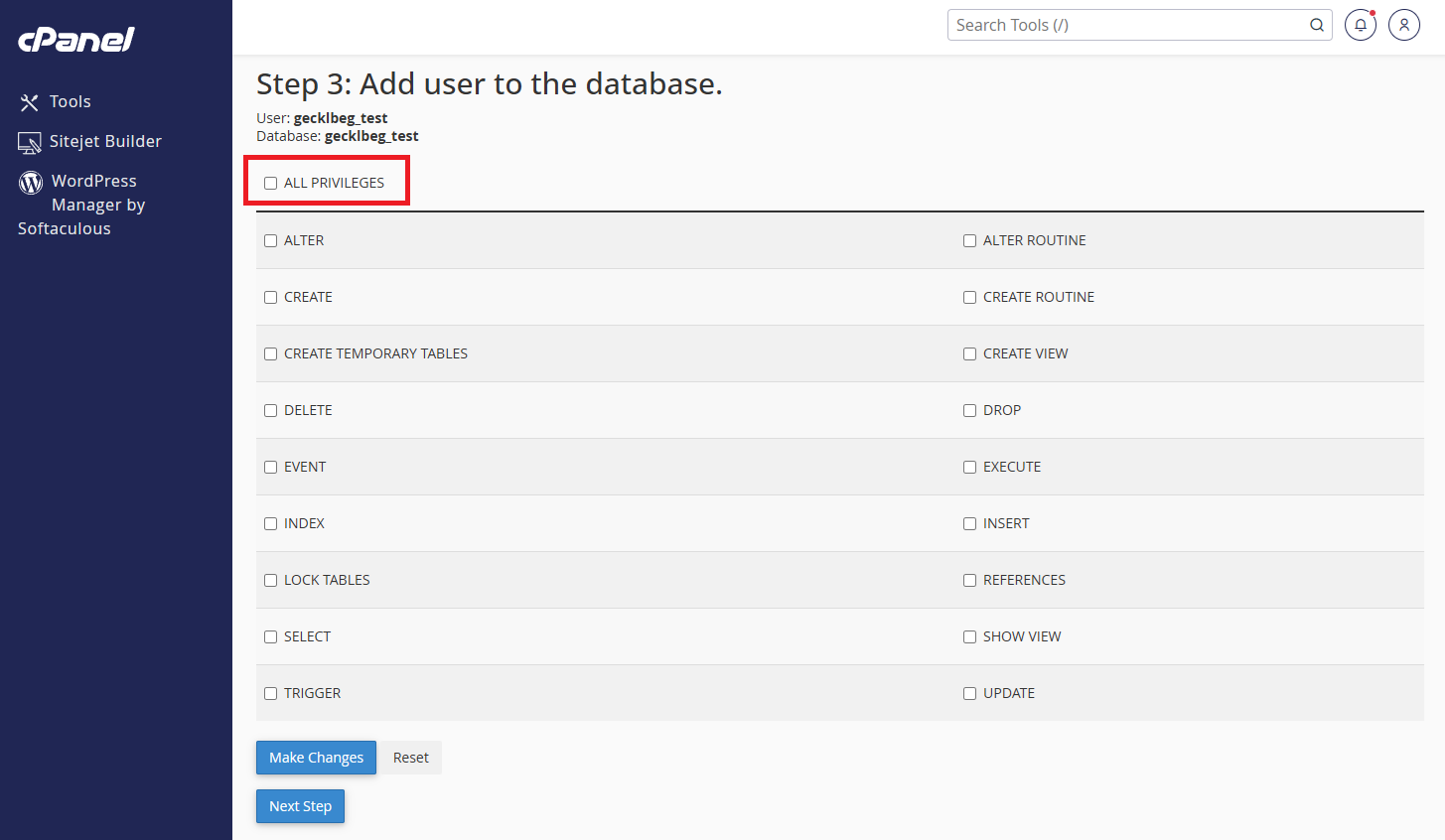 Database Wizard Step 3: Add user to the database, with the ALL PRIVILEGES checkbox