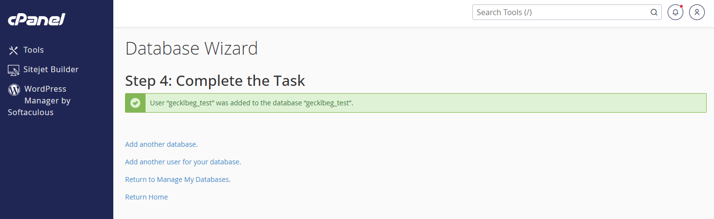 Database Wizard Step 4: Complete the Task, confirming the user was added