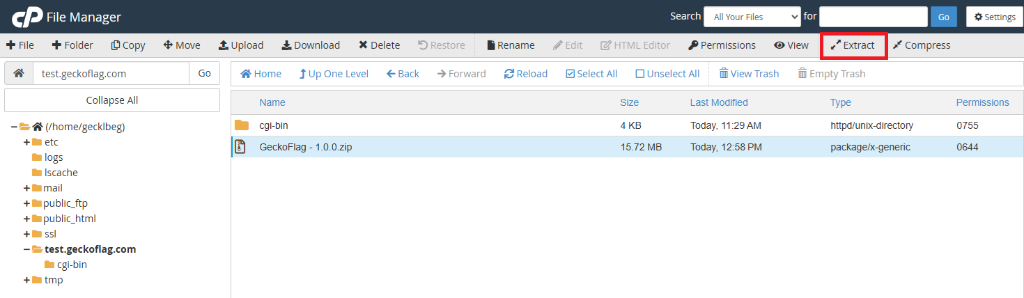 File Manager with the uploaded zip file selected and Extract highlighted