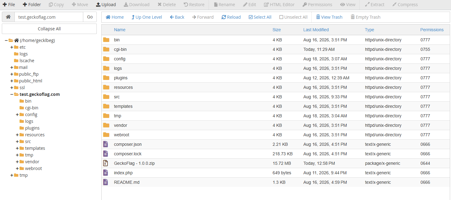 File Manager showing the extracted GeckoFlag files and folders
