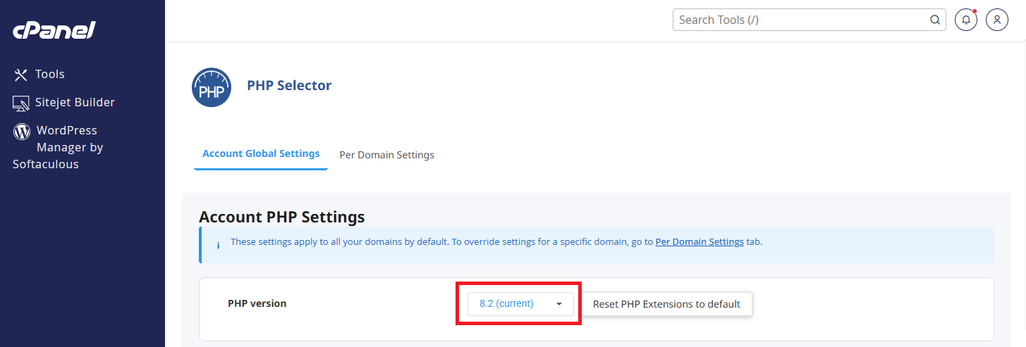 PHP Selector page showing the current PHP version dropdown