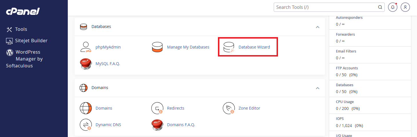 cPanel Databases section with Database Wizard highlighted