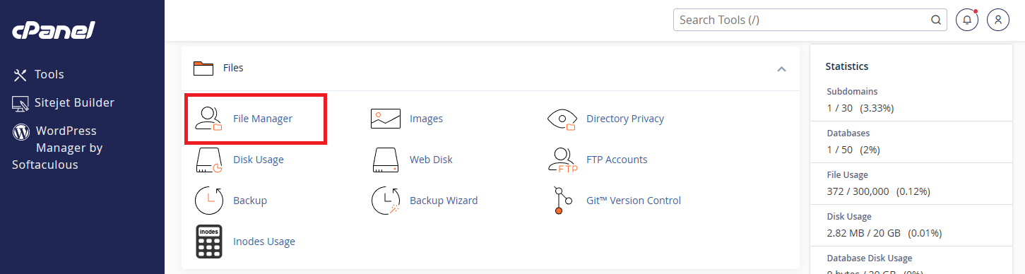 cPanel Files section with File Manager highlighted