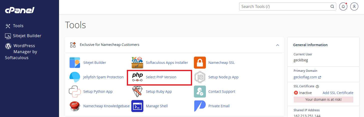 cPanel Tools page with Select PHP Version highlighted