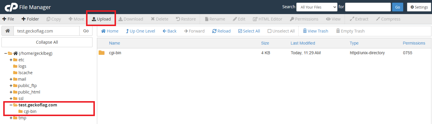 File Manager showing a domain's folder with the Upload button highlighted