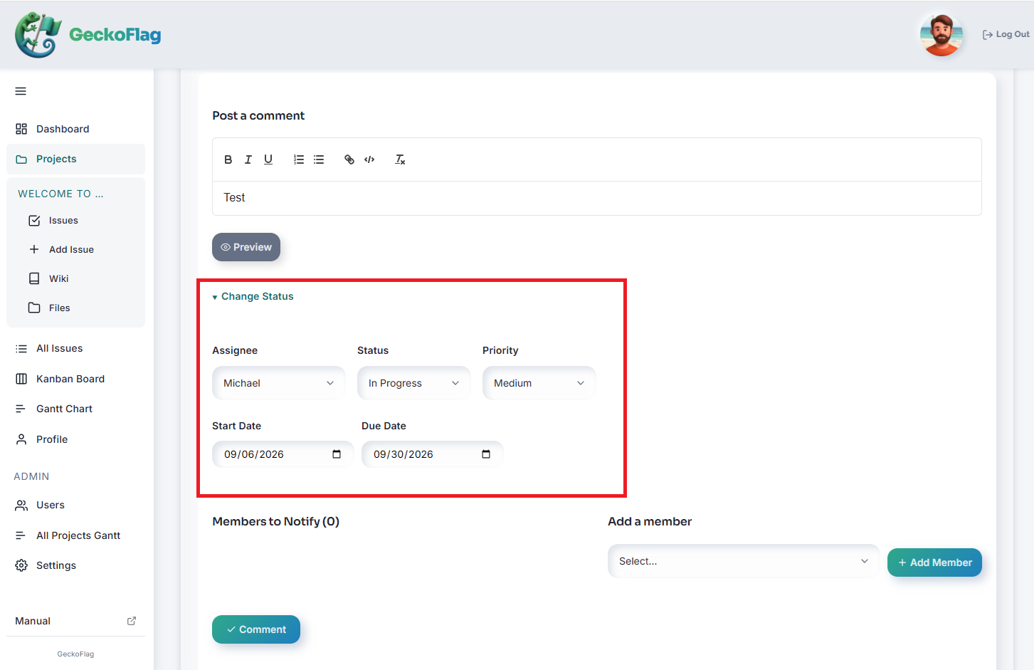 The comment section of an issue in GeckoFlag. When posting a comment, you can change the assignee, status, priority and dates at the same time