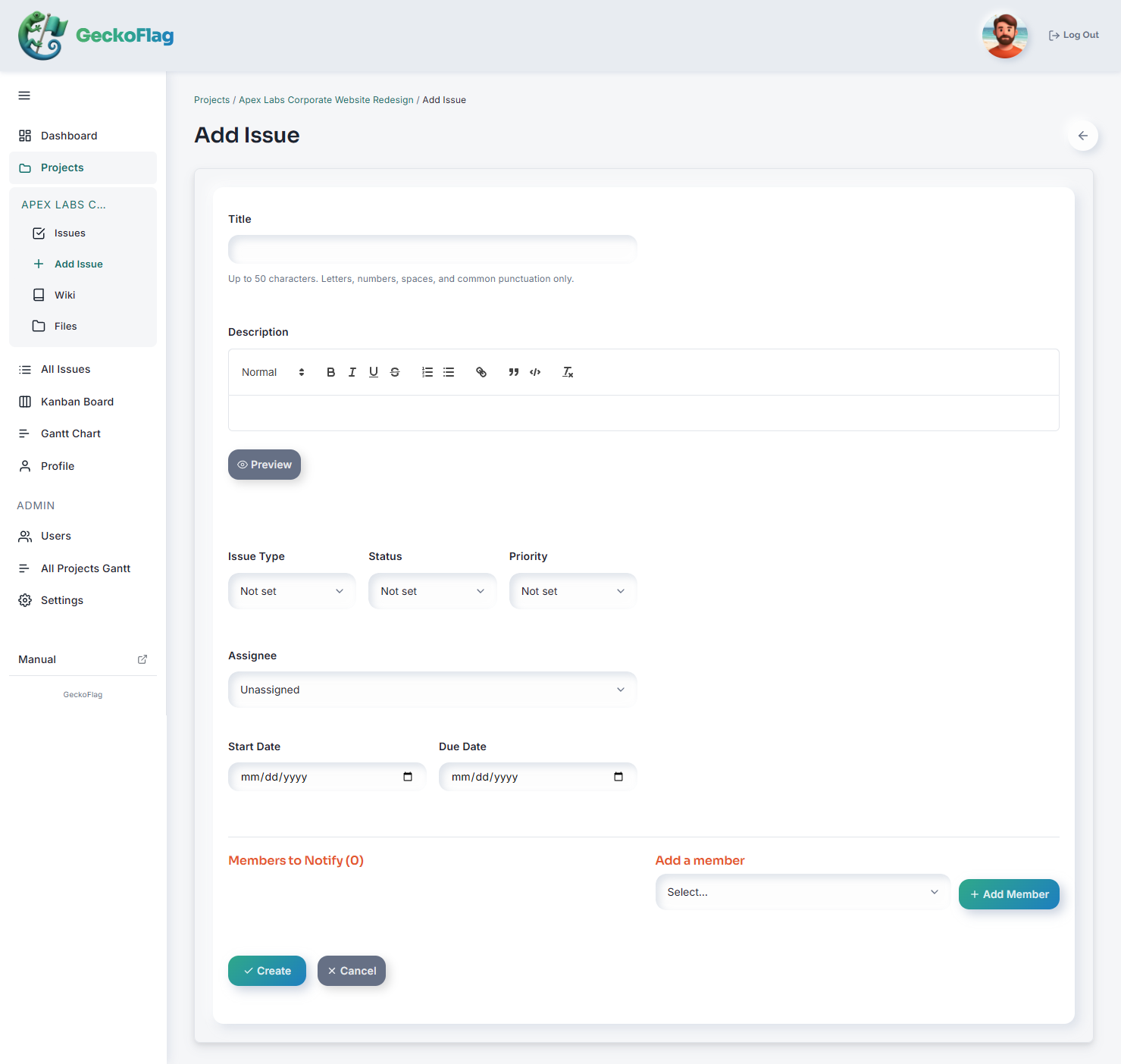 Modulo Add Issue con i campi titolo, descrizione, tipo, stato, priorità, responsabile e date