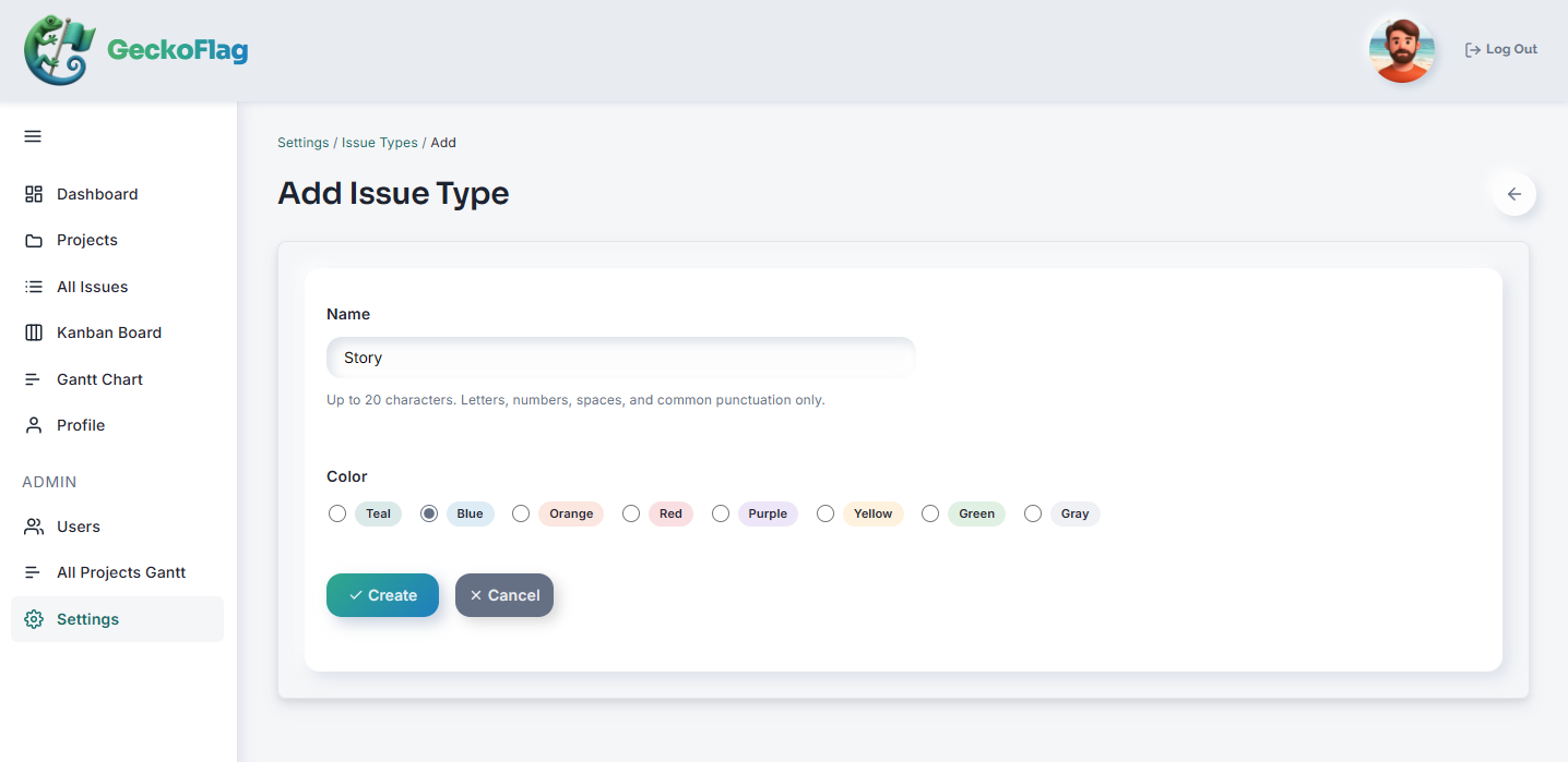 Modulo Add Issue Type con un campo nome, opzioni colore e il pulsante Create